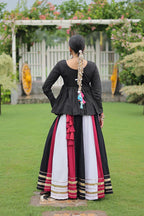 Dixz Fashion Multicolour Kutchi Gamthi Work Peplum Top with Gota-Patti Lace Lehenga Set For Navratri