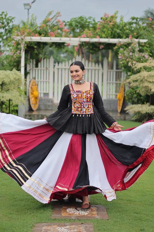 Dixz Fashion Multicolour Kutchi Gamthi Work Peplum Top with Gota-Patti Lace Lehenga Set For Navratri