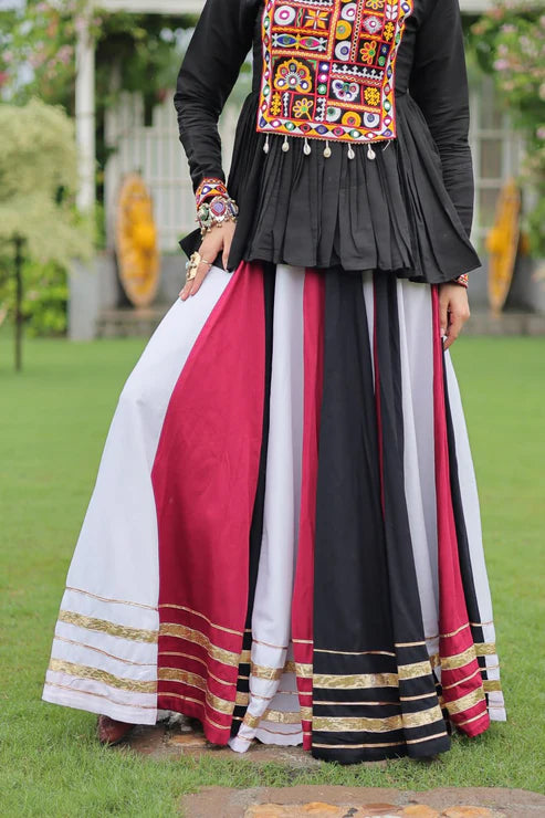 Dixz Fashion Multicolour Kutchi Gamthi Work Peplum Top with Gota-Patti Lace Lehenga Set For Navratri