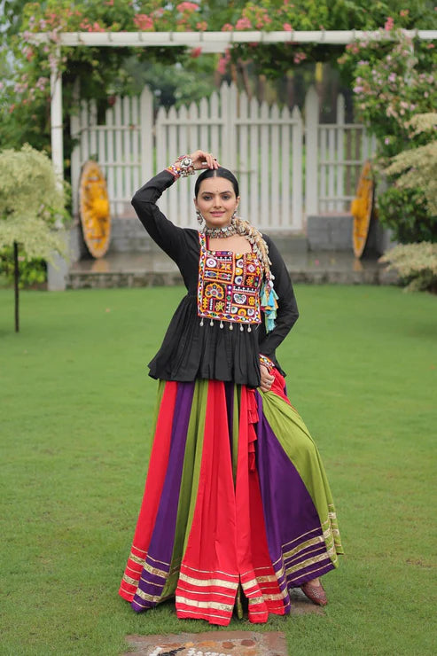 Dixz Fashion Multicolour Kutchi Gamthi Work Peplum Top with Gota-Patti Lace Lehenga Set For Navratri