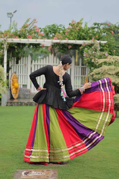Dixz Fashion Multicolour Kutchi Gamthi Work Peplum Top with Gota-Patti Lace Lehenga Set For Navratri
