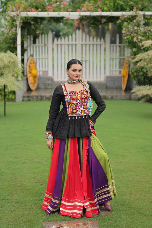 Dixz Fashion Multicolour Kutchi Gamthi Work Peplum Top with Gota-Patti Lace Lehenga Set For Navratri