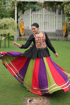 Dixz Fashion Multicolour Kutchi Gamthi Work Peplum Top with Gota-Patti Lace Lehenga Set For Navratri