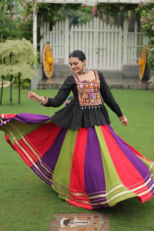 Dixz Fashion Multicolour Kutchi Gamthi Work Peplum Top with Gota-Patti Lace Lehenga Set For Navratri