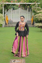 Dixz Fashion Multicolour Kutchi Gamthi Work Peplum Top with Gota-Patti Lace Lehenga Set For Navratri