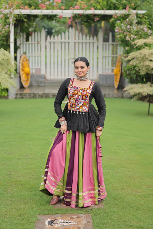 Dixz Fashion Multicolour Kutchi Gamthi Work Peplum Top with Gota-Patti Lace Lehenga Set For Navratri