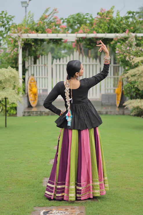 Dixz Fashion Multicolour Kutchi Gamthi Work Peplum Top with Gota-Patti Lace Lehenga Set For Navratri