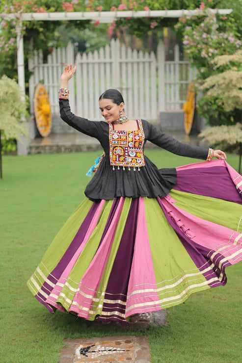 Dixz Fashion Multicolour Kutchi Gamthi Work Peplum Top with Gota-Patti Lace Lehenga Set For Navratri