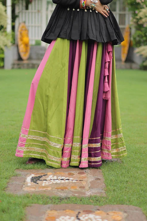Dixz Fashion Multicolour Kutchi Gamthi Work Peplum Top with Gota-Patti Lace Lehenga Set For Navratri