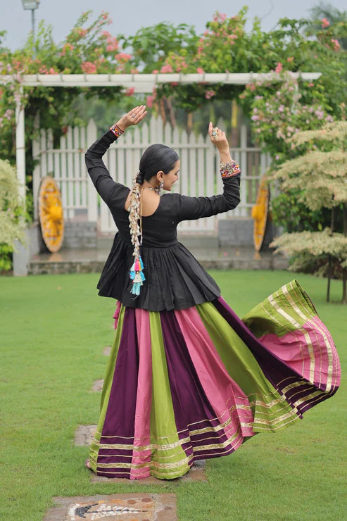 Dixz Fashion Multicolour Kutchi Gamthi Work Peplum Top with Gota-Patti Lace Lehenga Set For Navratri