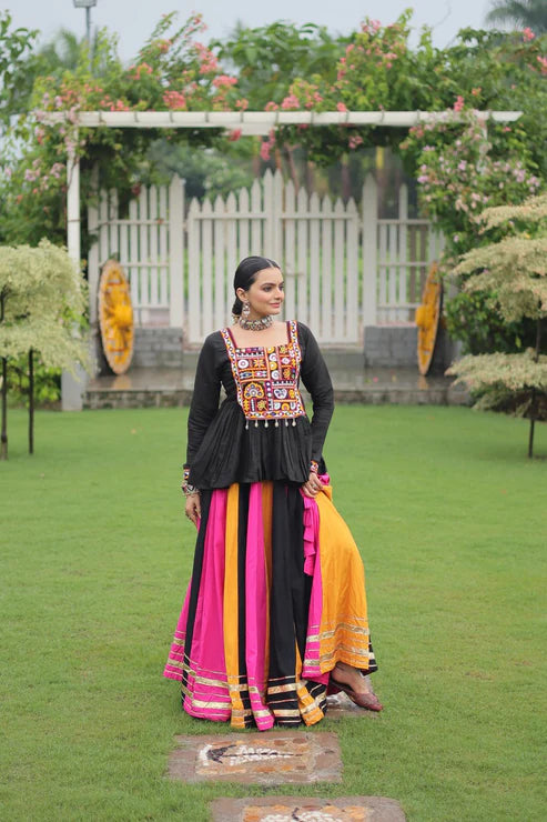 Dixz Fashion Multicolour Kutchi Gamthi Work Peplum Top with Gota-Patti Lace Lehenga Set For Navratri