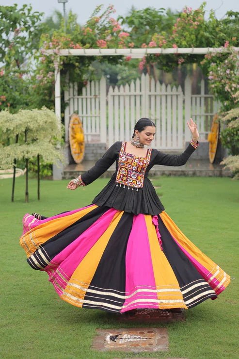 Dixz Fashion Multicolour Kutchi Gamthi Work Peplum Top with Gota-Patti Lace Lehenga Set For Navratri