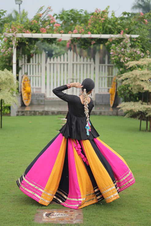 Dixz Fashion Multicolour Kutchi Gamthi Work Peplum Top with Gota-Patti Lace Lehenga Set For Navratri