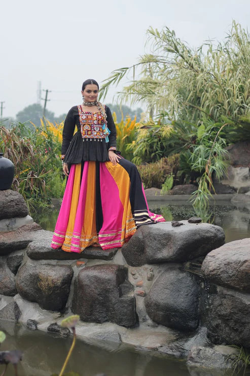 Dixz Fashion Multicolour Kutchi Gamthi Work Peplum Top with Gota-Patti Lace Lehenga Set For Navratri
