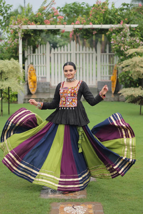 Dixz Fashion Multicolour Kutchi Gamthi Work Peplum Top with Gota-Patti Lace Lehenga Set For Navratri