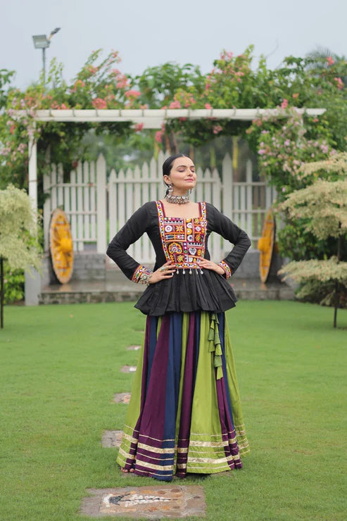 Dixz Fashion Multicolour Kutchi Gamthi Work Peplum Top with Gota-Patti Lace Lehenga Set For Navratri