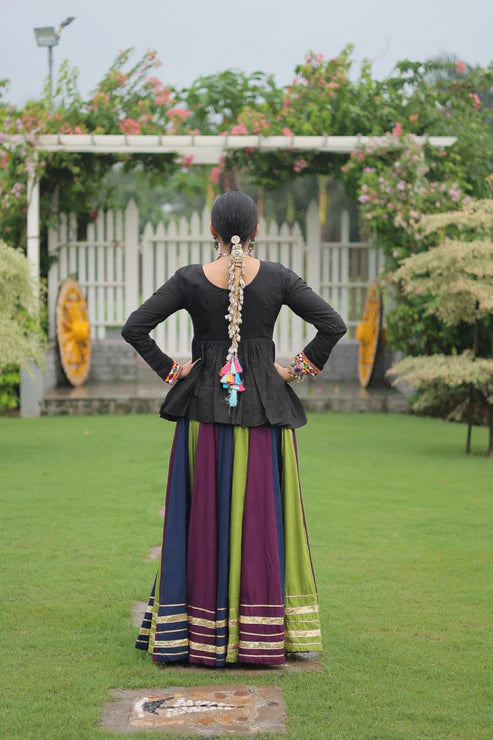 Dixz Fashion Multicolour Kutchi Gamthi Work Peplum Top with Gota-Patti Lace Lehenga Set For Navratri