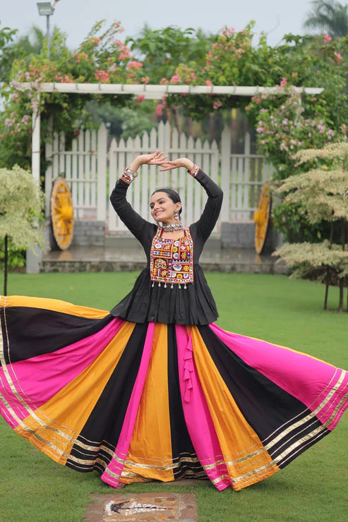 Dixz Fashion Multicolour Kutchi Gamthi Work Peplum Top with Gota-Patti Lace Lehenga Set For Navratri