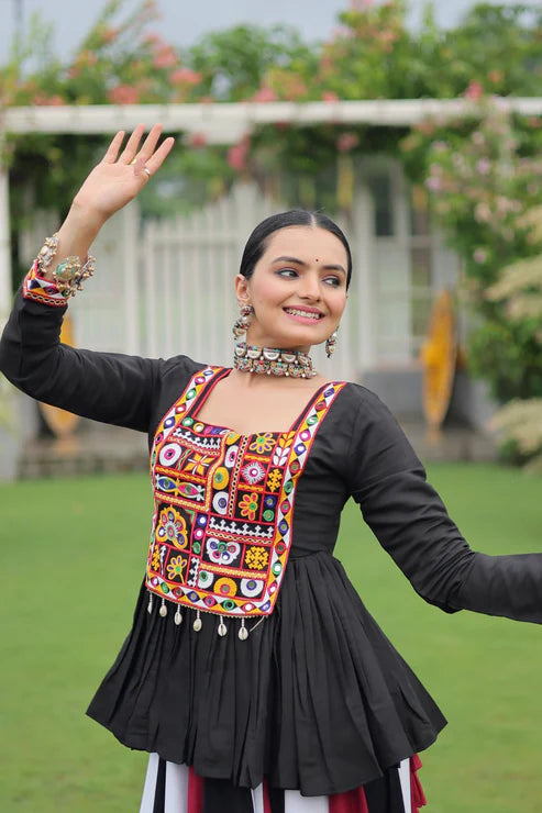 Dixz Fashion Multicolour Kutchi Gamthi Work Peplum Top with Gota-Patti Lace Lehenga Set For Navratri