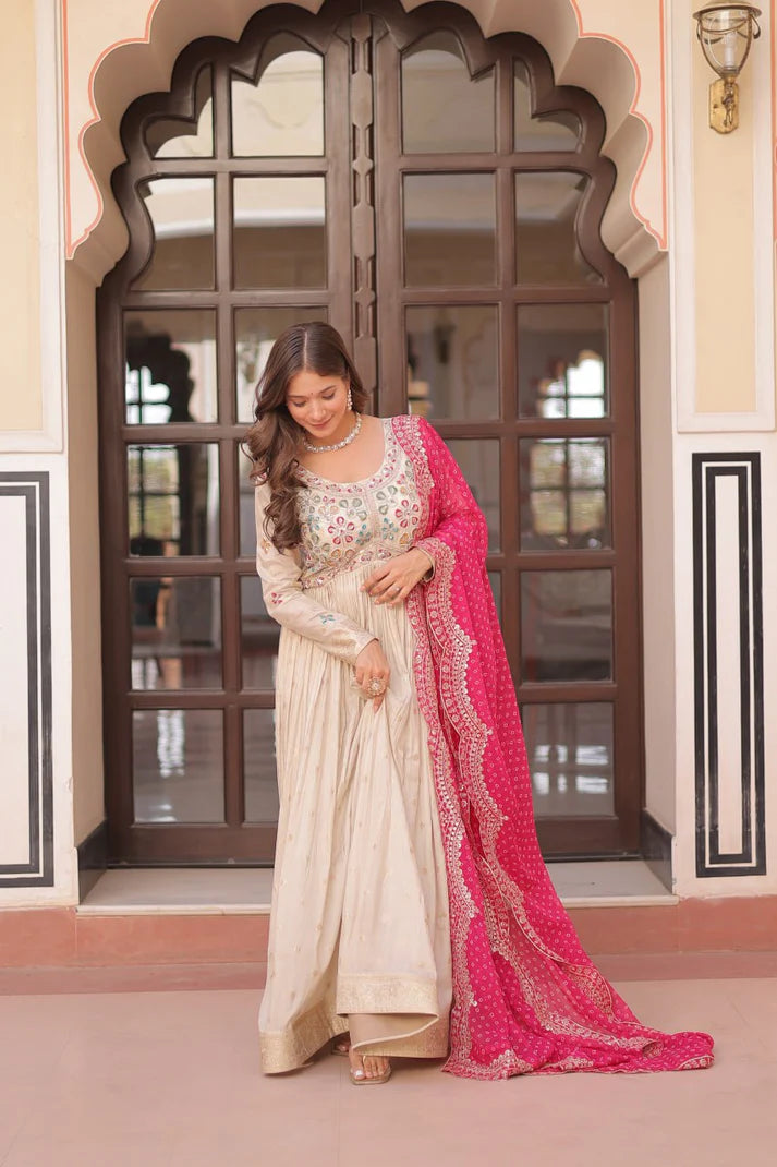 Dixzz Fashion Cosmos weaving Jequard with Pearl Beads Embroidered work For Gown