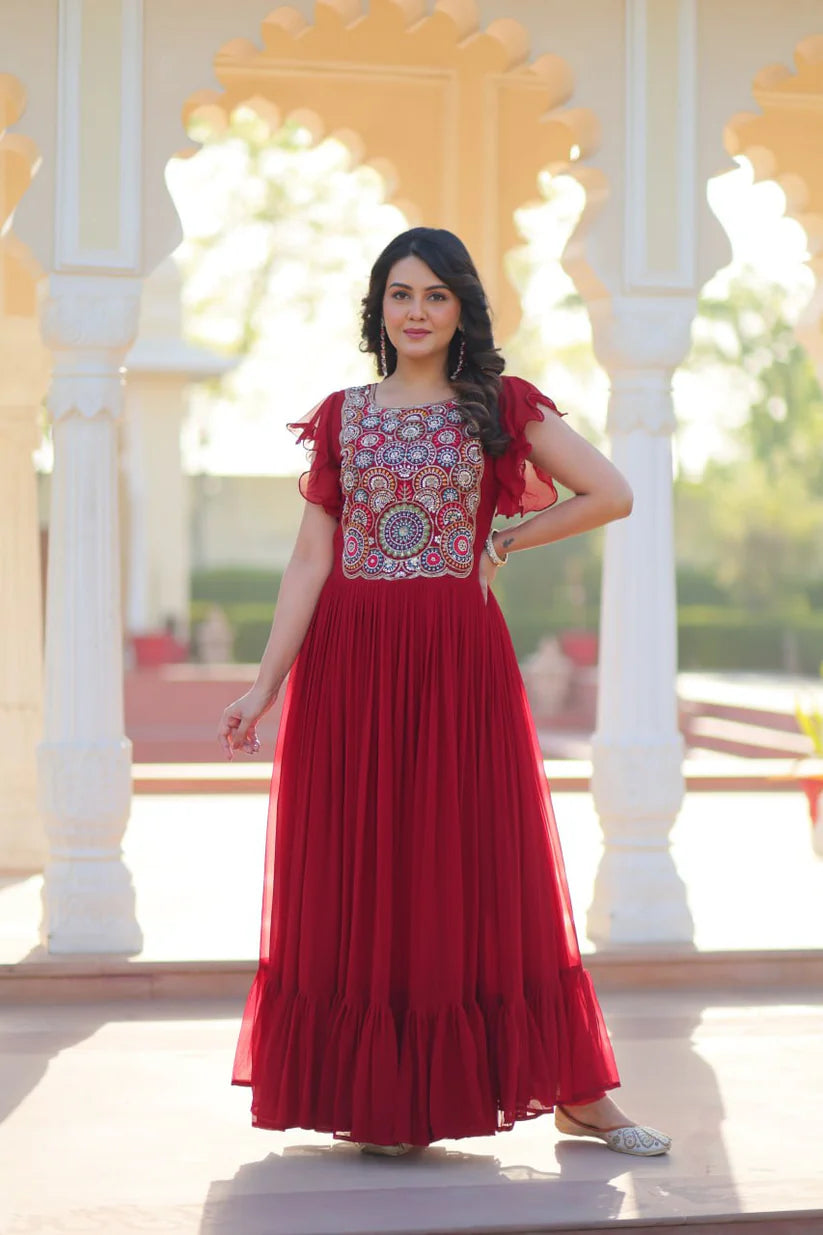 Dixz Fashion Faux Blooming With Beads and Sequins Multithreaded Embroidered work Gown