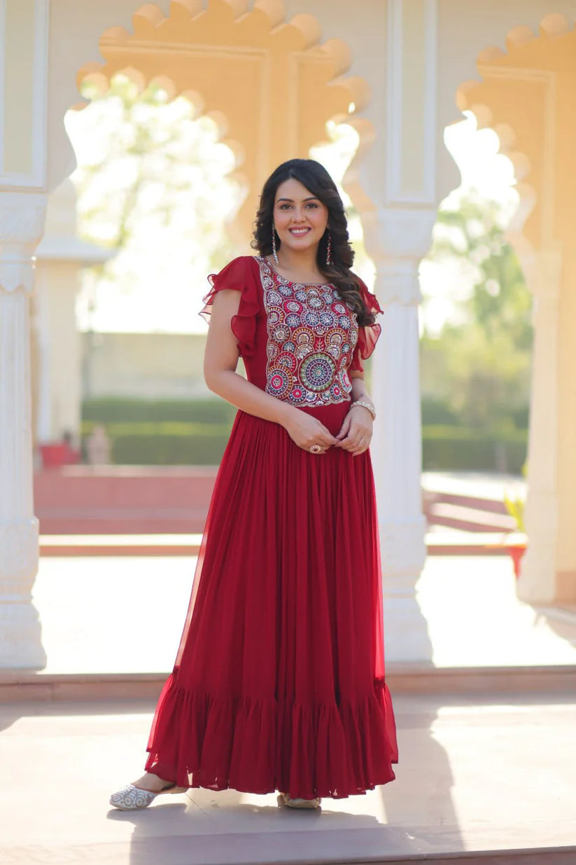 Dixz Fashion Faux Blooming With Beads and Sequins Multithreaded Embroidered work Gown