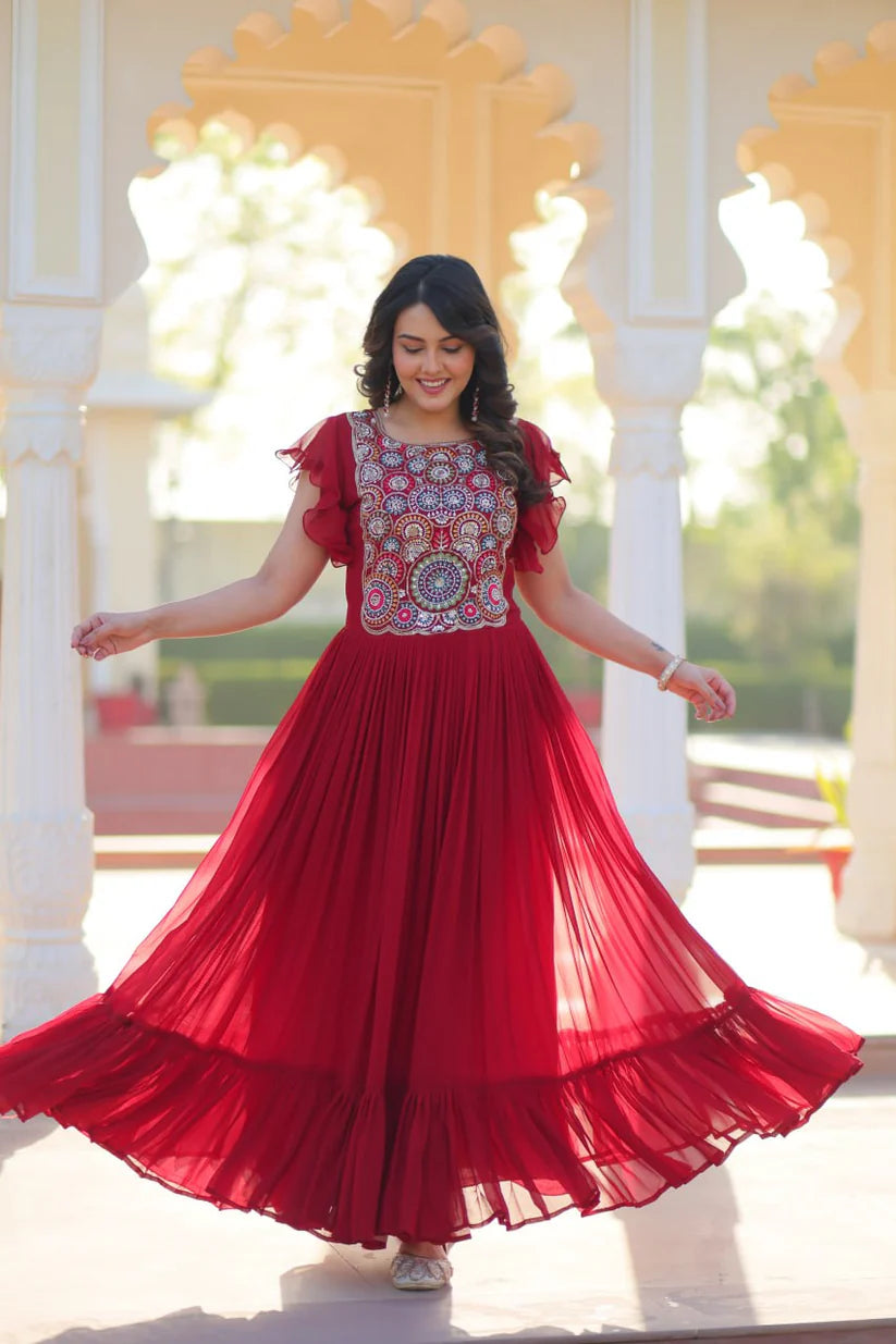 Dixz Fashion Faux Blooming With Beads and Sequins Multithreaded Embroidered work Gown