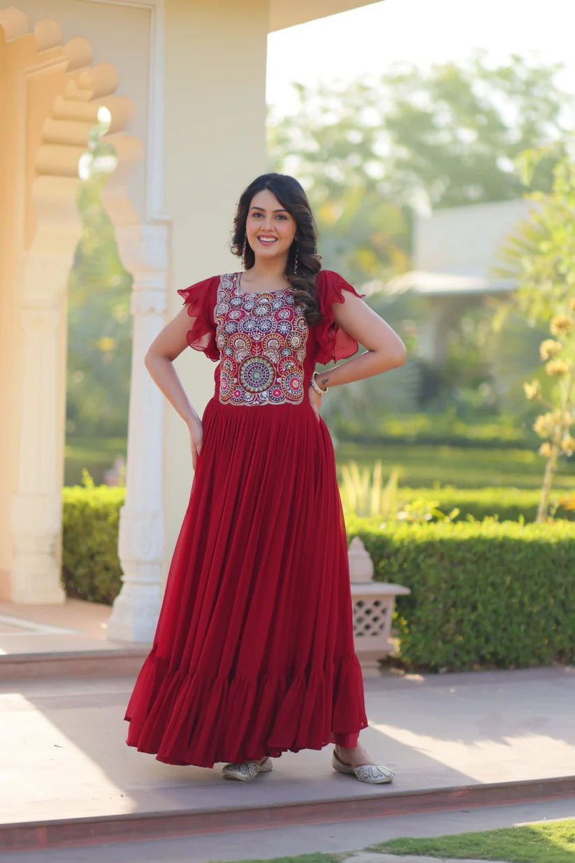 Dixz Fashion Faux Blooming With Beads and Sequins Multithreaded Embroidered work Gown