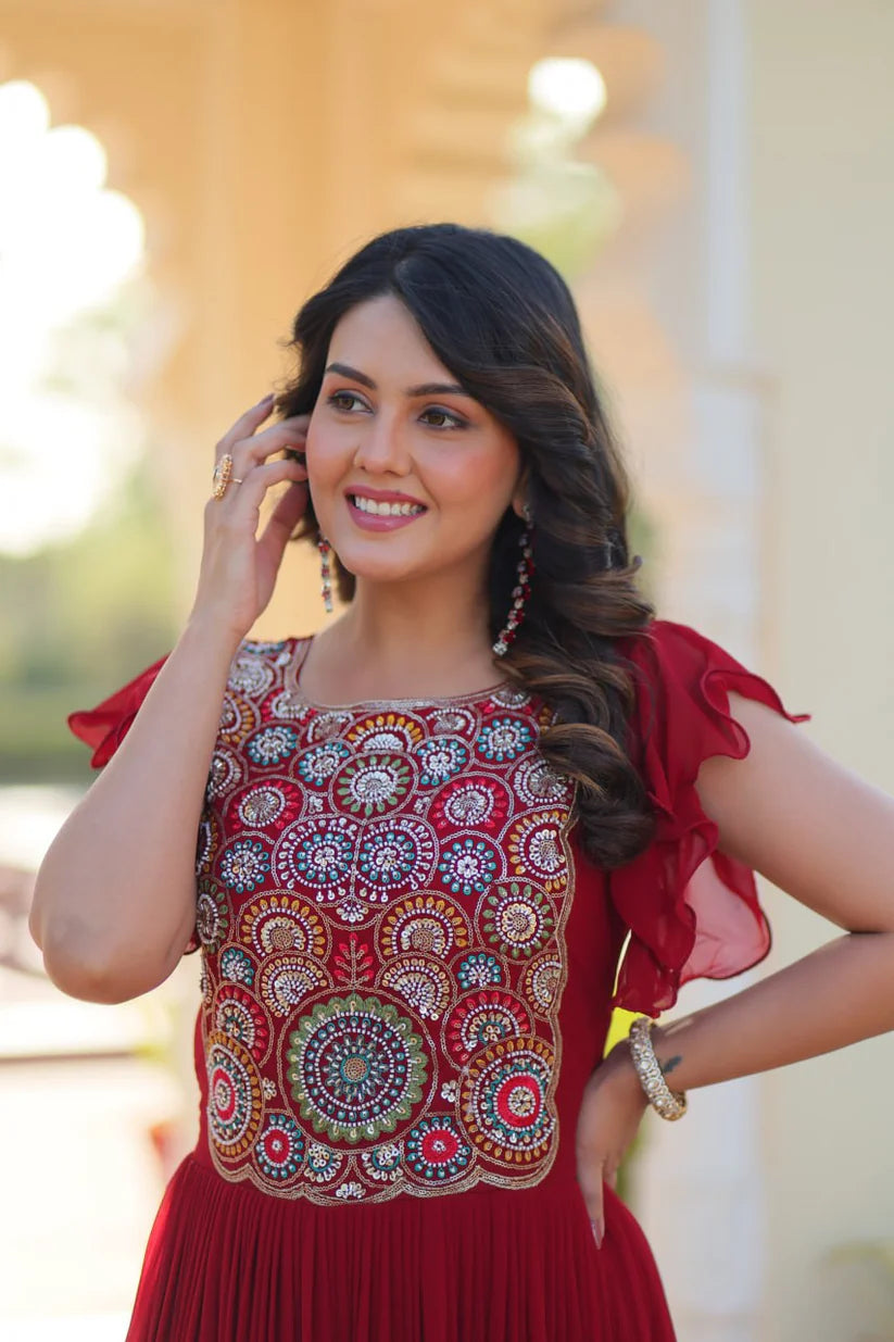 Dixz Fashion Faux Blooming With Beads and Sequins Multithreaded Embroidered work Gown