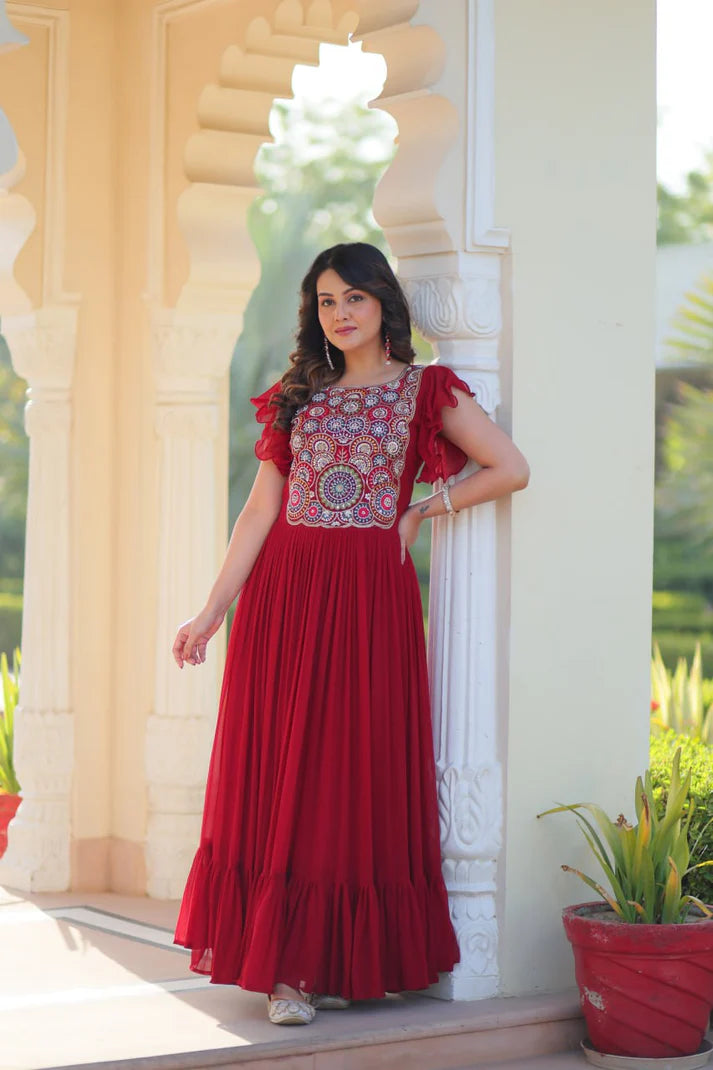 Dixz Fashion Faux Blooming With Beads and Sequins Multithreaded Embroidered work Gown