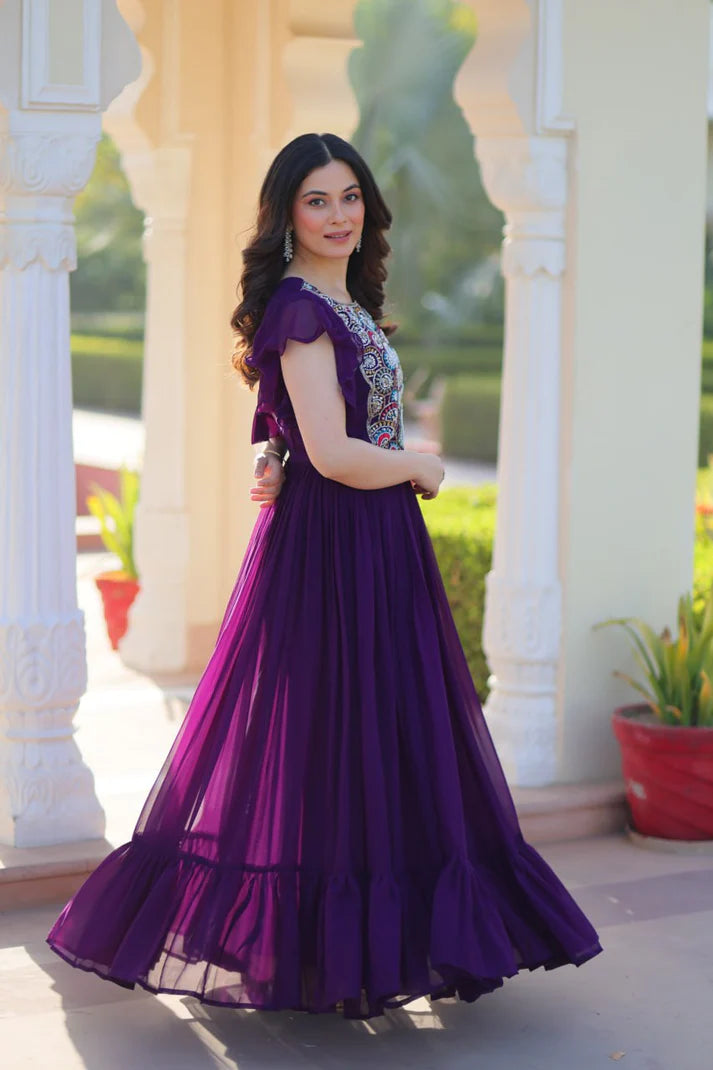 Dixz Fashion Faux Blooming With Beads and Sequins Multithreaded Embroidered work Gown