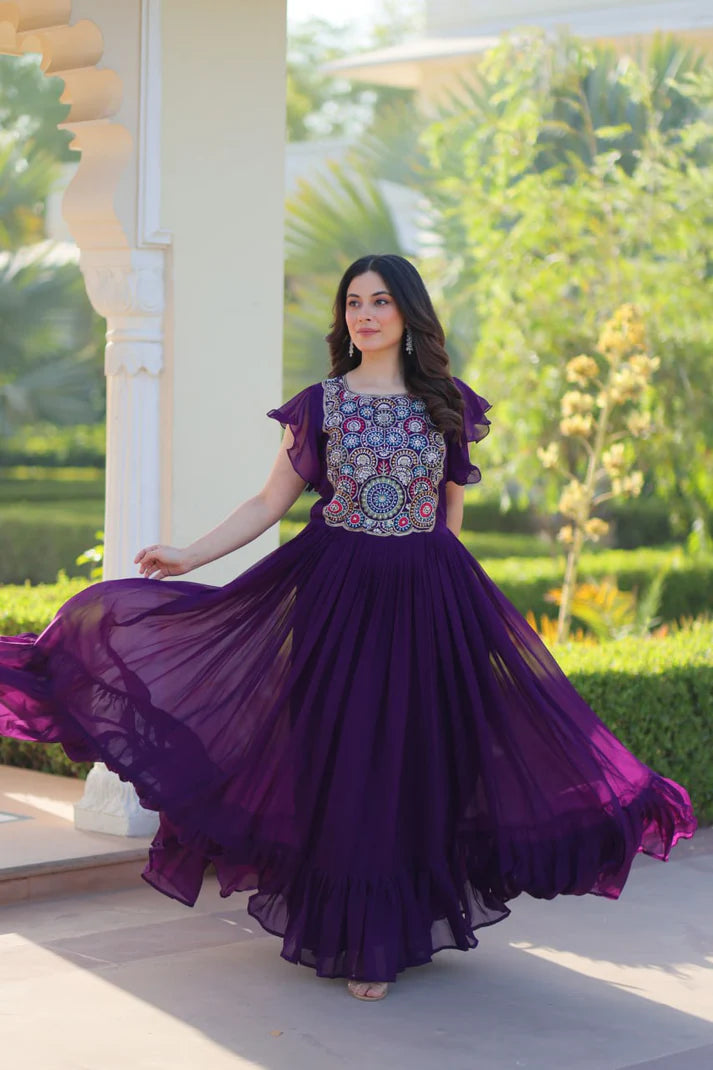 Dixz Fashion Faux Blooming With Beads and Sequins Multithreaded Embroidered work Gown