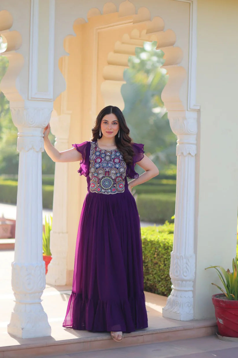 Dixz Fashion Faux Blooming With Beads and Sequins Multithreaded Embroidered work Gown