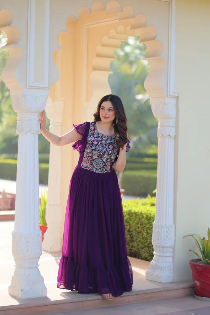 Dixz Fashion Faux Blooming With Beads and Sequins Multithreaded Embroidered work Gown