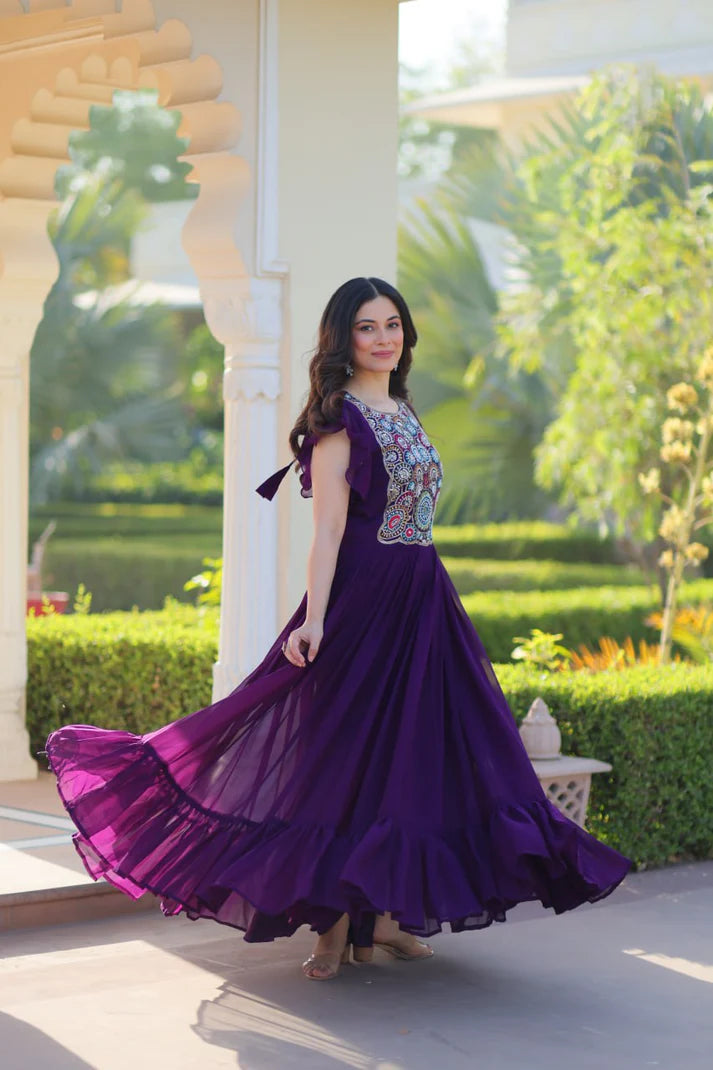 Dixz Fashion Faux Blooming With Beads and Sequins Multithreaded Embroidered work Gown