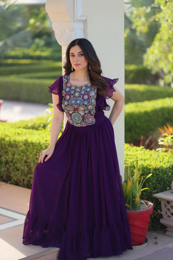 Dixz Fashion Faux Blooming With Beads and Sequins Multithreaded Embroidered work Gown