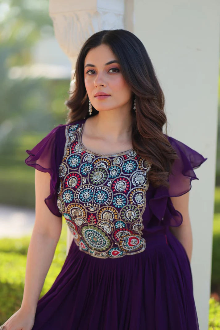 Dixz Fashion Faux Blooming With Beads and Sequins Multithreaded Embroidered work Gown