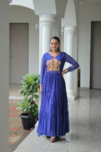 Dixz Fashion Bandhani Print work with kutchi patchework in Faux Georgette Gown For Navratri