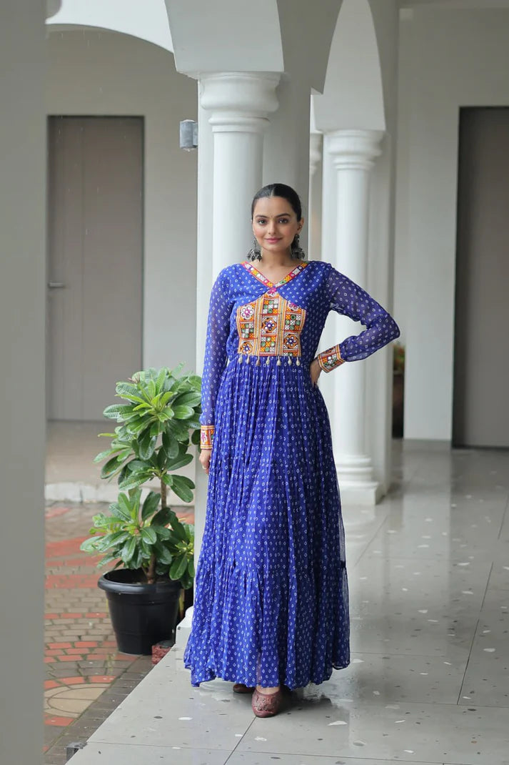 Dixz Fashion Bandhani Print work with kutchi patchework in Faux Georgette Gown For Navratri