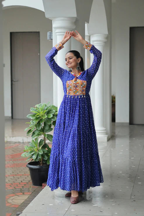 Dixz Fashion Bandhani Print work with kutchi patchework in Faux Georgette Gown For Navratri