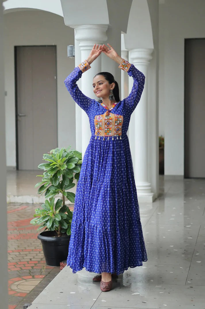 Dixz Fashion Bandhani Print work with kutchi patchework in Faux Georgette Gown For Navratri
