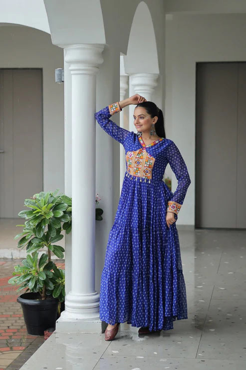 Dixz Fashion Bandhani Print work with kutchi patchework in Faux Georgette Gown For Navratri