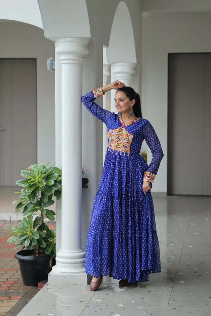 Dixz Fashion Bandhani Print work with kutchi patchework in Faux Georgette Gown For Navratri