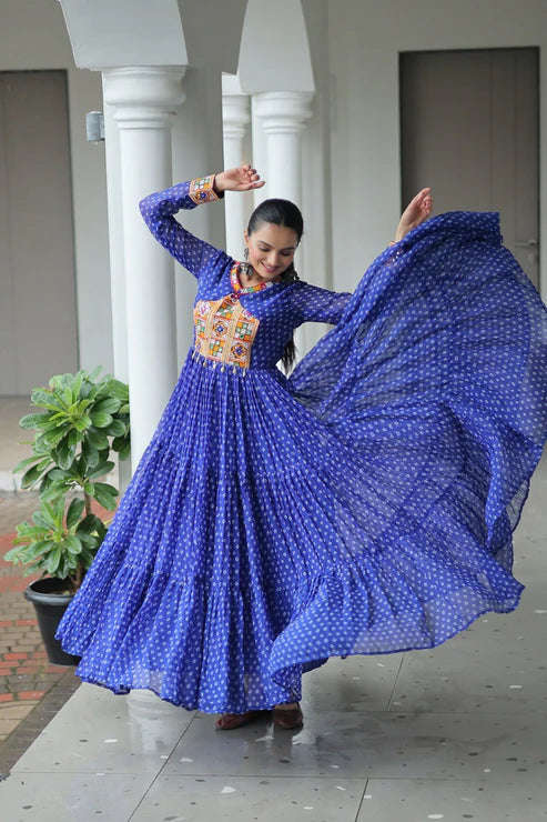 Dixz Fashion Bandhani Print work with kutchi patchework in Faux Georgette Gown For Navratri