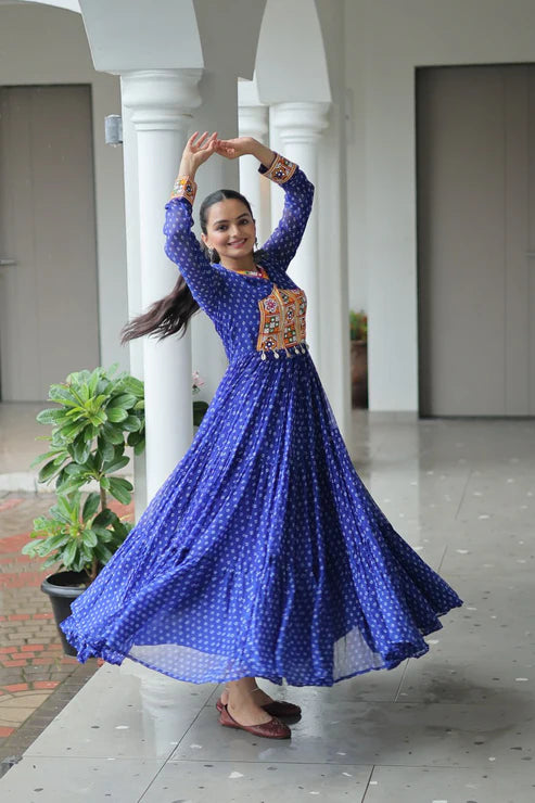 Dixz Fashion Bandhani Print work with kutchi patchework in Faux Georgette Gown For Navratri