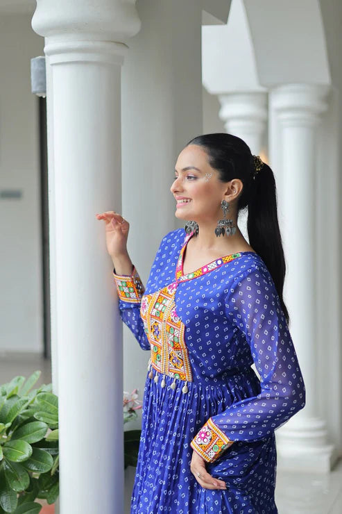 Dixz Fashion Bandhani Print work with kutchi patchework in Faux Georgette Gown For Navratri