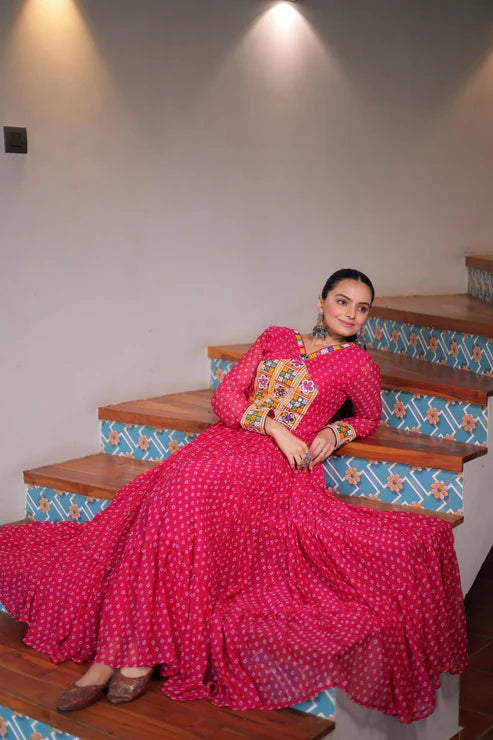 Dixz Fashion Bandhani Print work with kutchi patchework in Faux Georgette Gown For Navratri