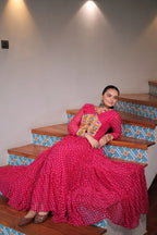 Dixz Fashion Bandhani Print work with kutchi patchework in Faux Georgette Gown For Navratri
