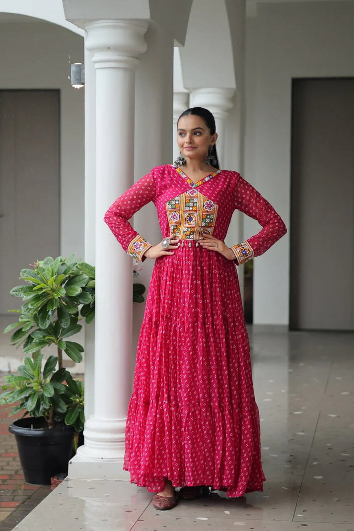 Dixz Fashion Bandhani Print work with kutchi patchework in Faux Georgette Gown For Navratri
