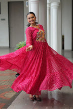 Dixz Fashion Bandhani Print work with kutchi patchework in Faux Georgette Gown For Navratri